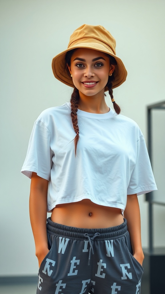 A young woman wearing a retro bucket hat, cropped white tee, and gray joggers with a playful design.