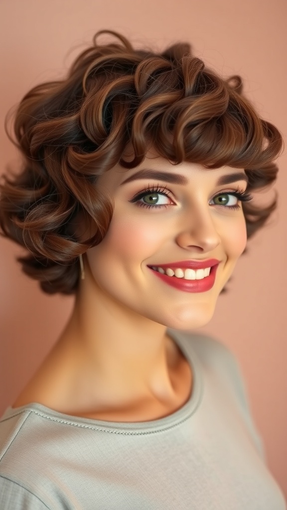 A woman with vintage curls and bangs, smiling against a soft pink background.