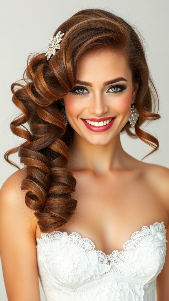 A bride with retro curls styled with a side barrette, wearing a strapless wedding gown.
