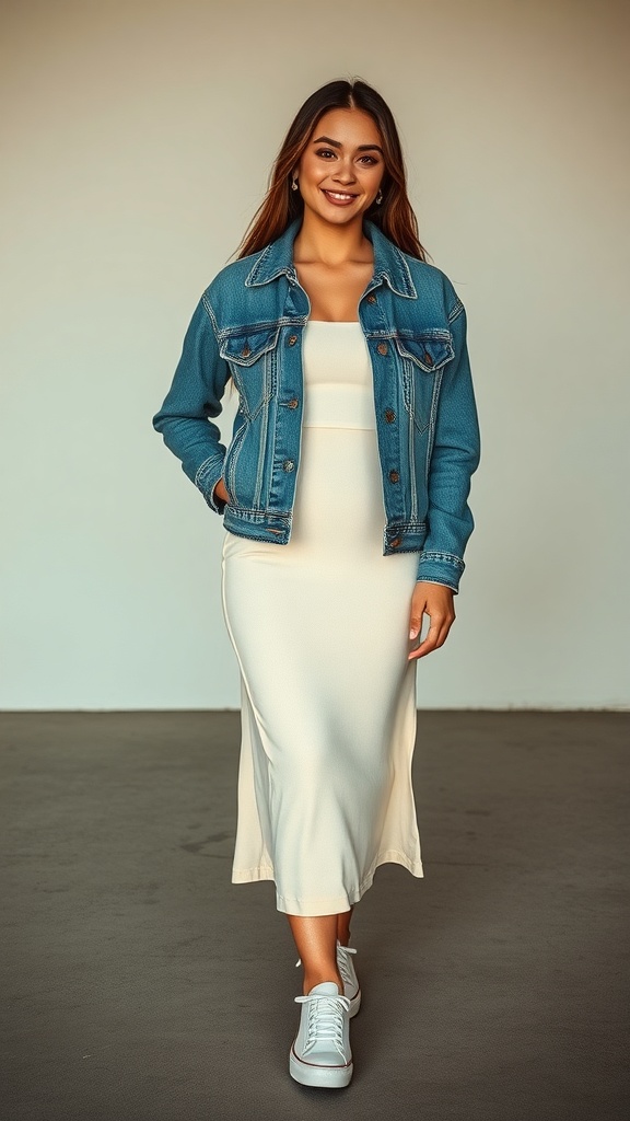 A woman wearing a denim jacket over a midi dress with sneakers, showcasing a retro 90s outfit.
