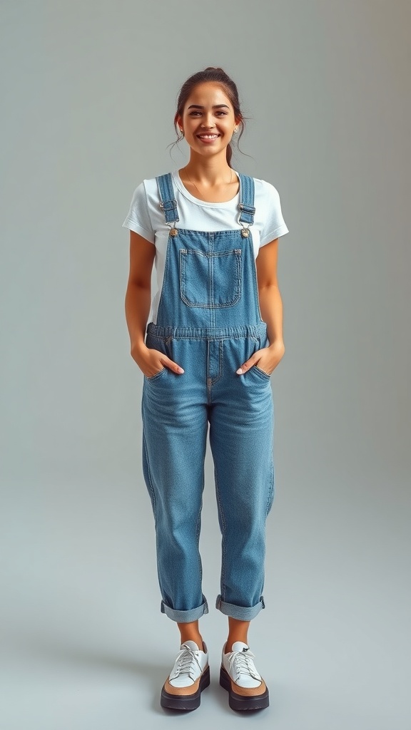 A young woman wearing denim overalls with one strap down, paired with a white t-shirt and stylish shoes.