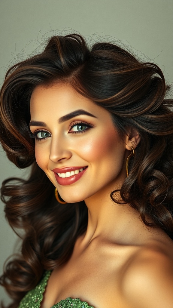 A woman with voluminous, layered hair styled in retro face-framing layers, showcasing a 70s hairstyle aesthetic.