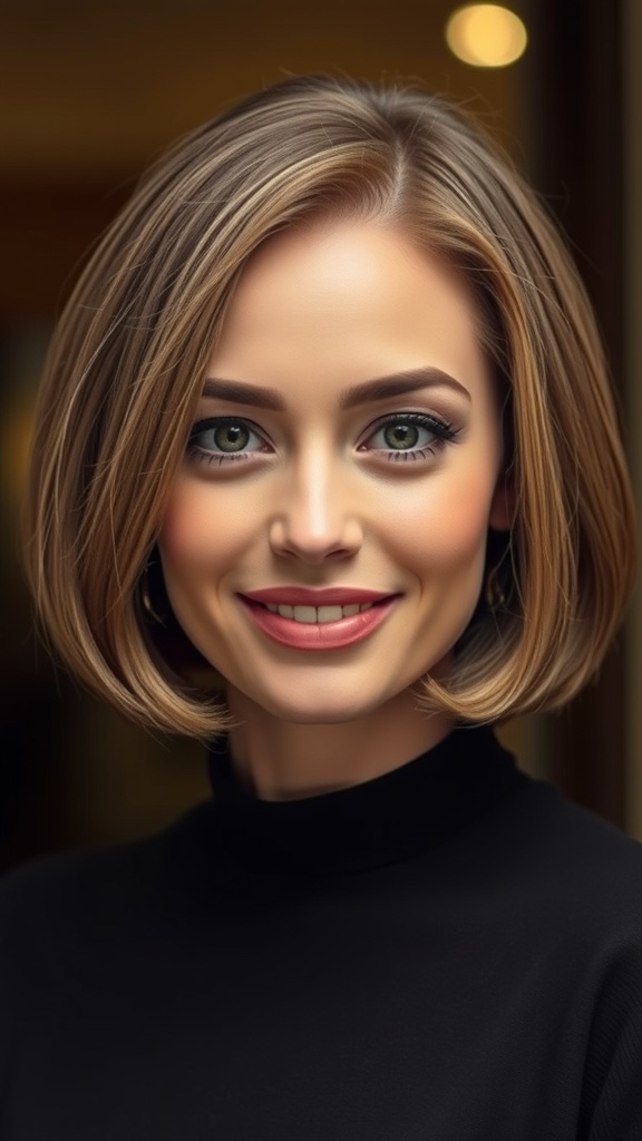 A woman with a retro flipped bob hairstyle, smiling and showcasing her stylish look.