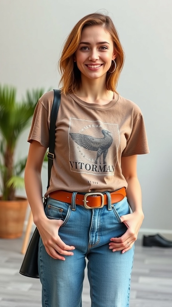 A woman wearing high-waisted mom jeans and a tucked-in graphic tee, smiling with a casual style.