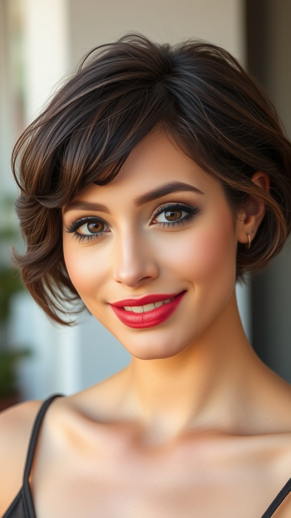 A woman with a retro short bob hairstyle featuring finger waves, showcasing a glamorous Old Hollywood look.