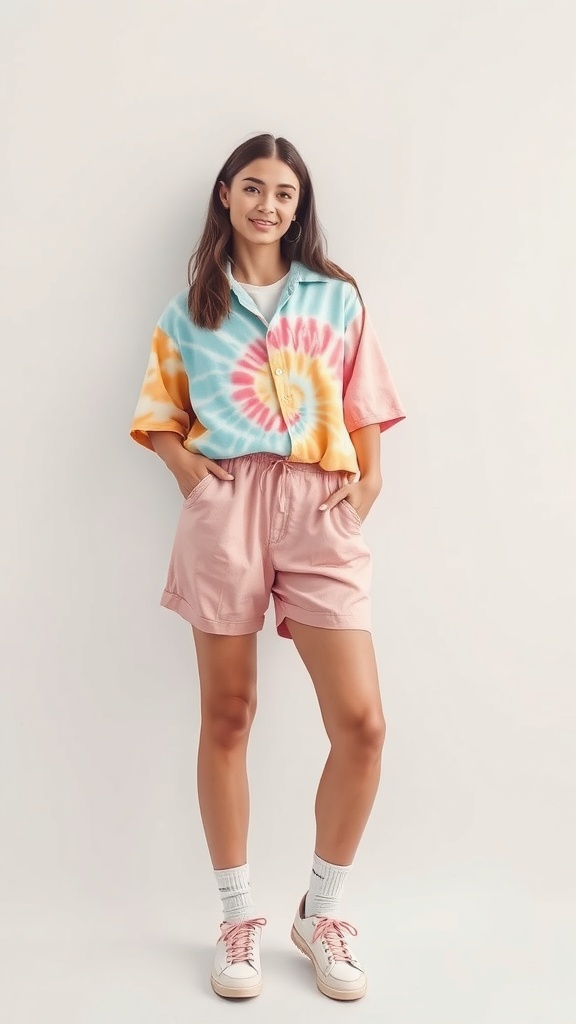 A young woman wearing a colorful tie-dye shirt and baggy pink shorts, standing casually with a smile.