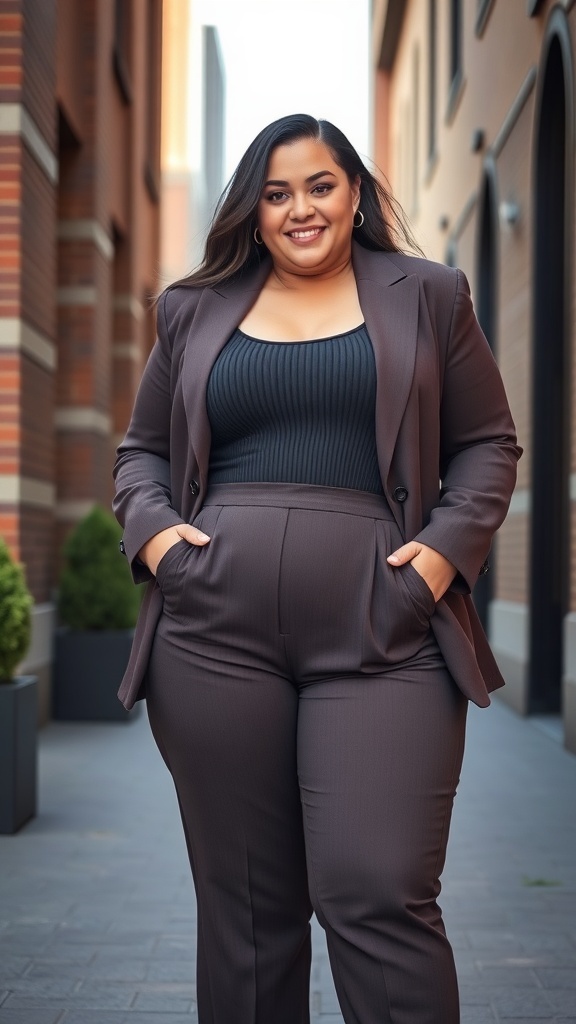 A plus size woman wearing a ribbed jumpsuit with an oversized blazer, smiling confidently in an urban setting.