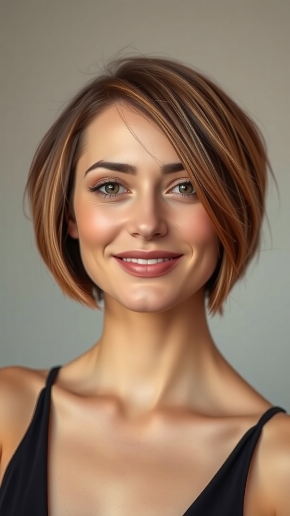 A woman with a rich brunette crop hairstyle, smiling and looking confident.