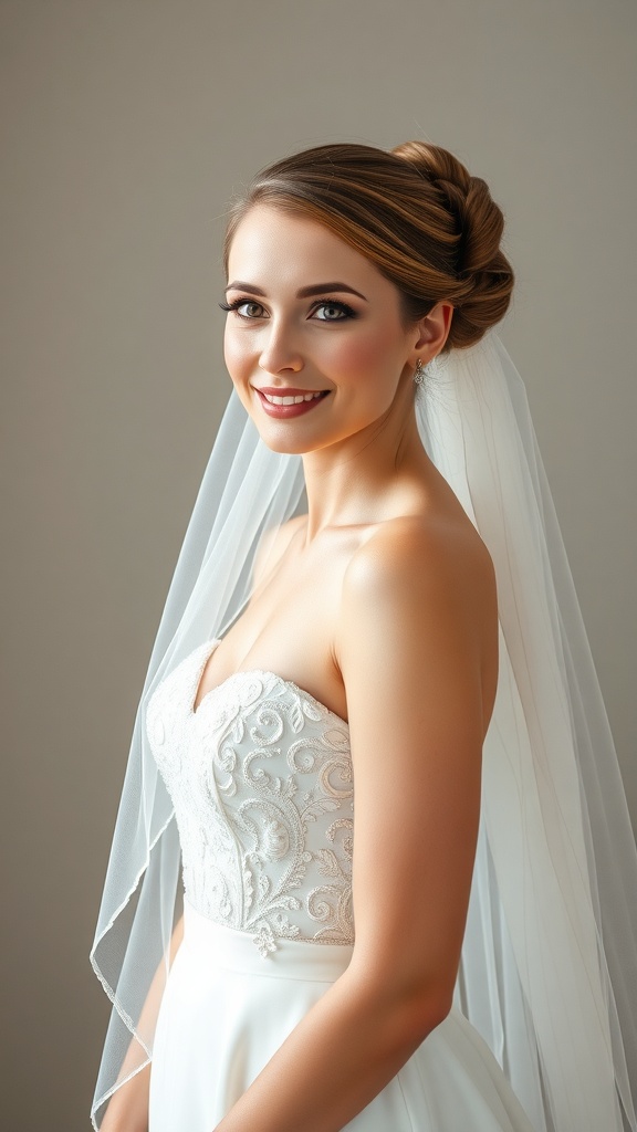 Bride with a rolled updo hairstyle and a cathedral veil