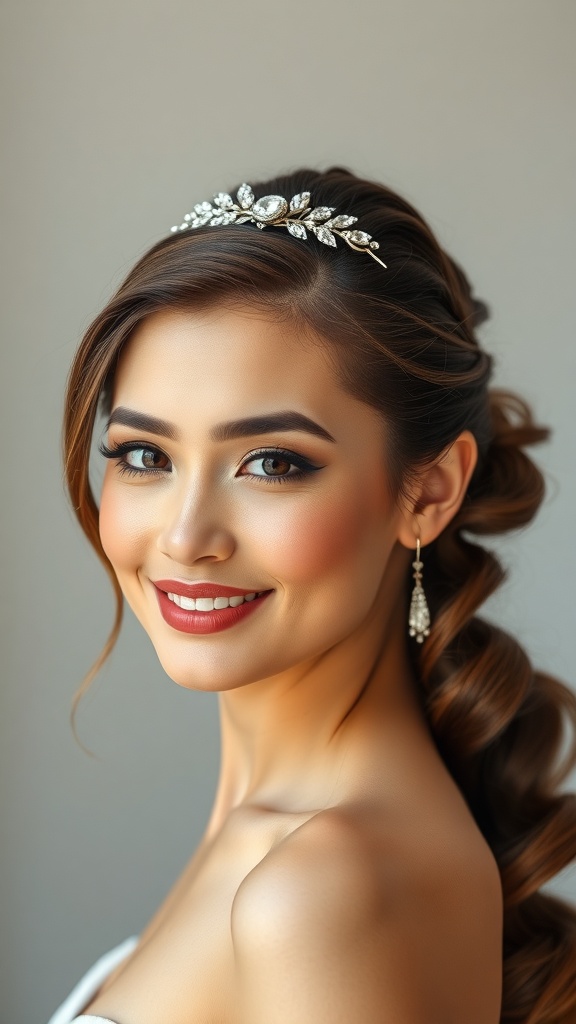 A woman with a romantic side ponytail hairstyle, featuring soft waves and a decorative hairpin.