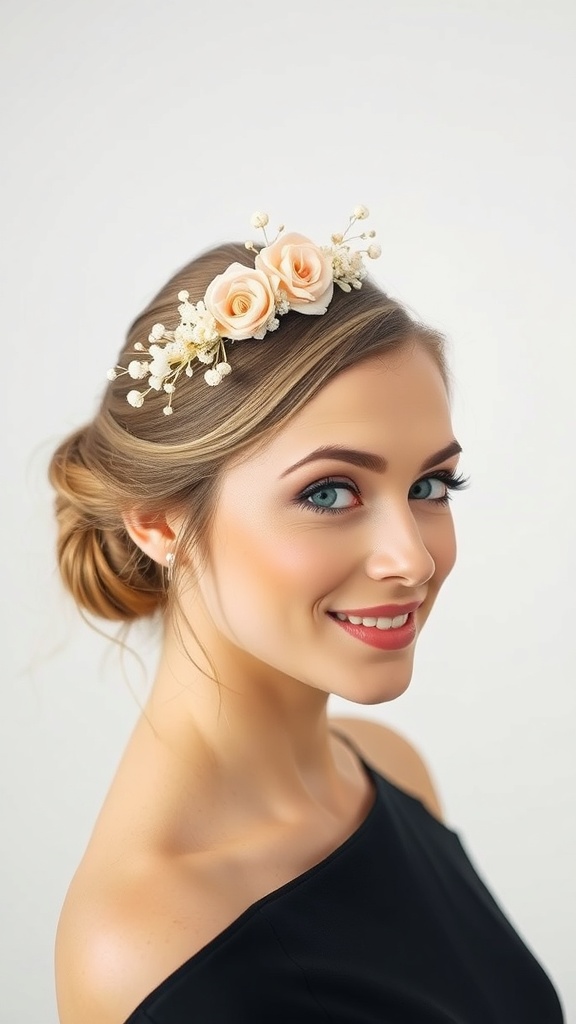 A woman with a romantic twisted bun hairstyle adorned with a floral comb featuring soft roses.