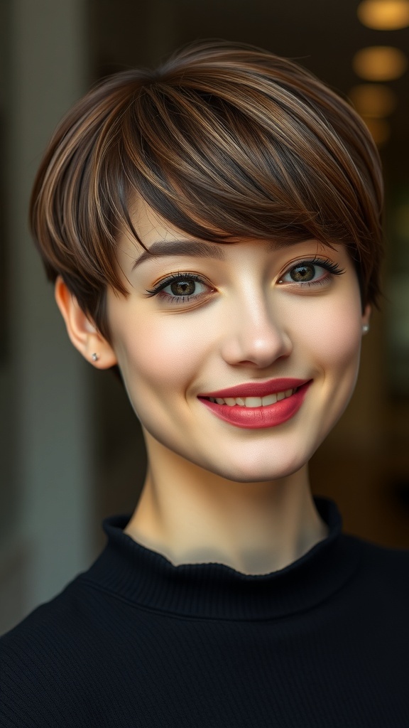 A woman with a round face sporting a bob haircut with a long side fringe.