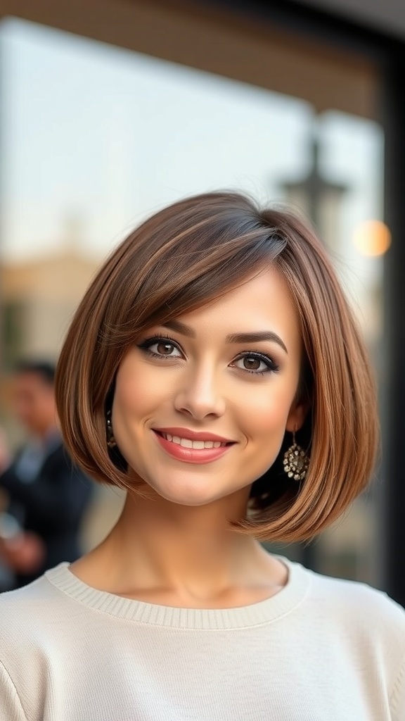 A woman with a rounded bob hairstyle featuring side bangs and brown undertones, smiling warmly.