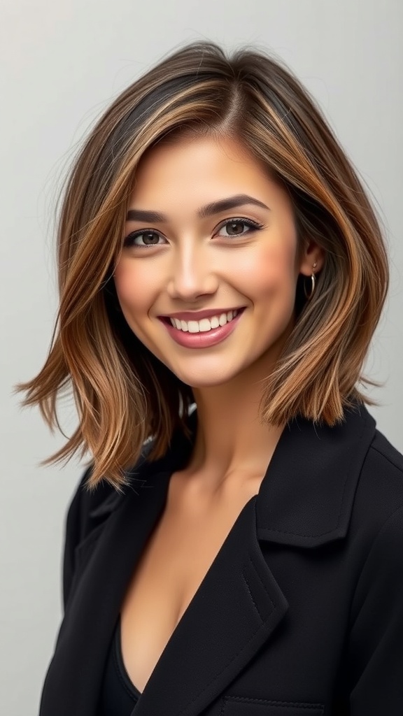 A woman with a rounded midlength haircut featuring tapered edges, smiling and wearing a black blazer.