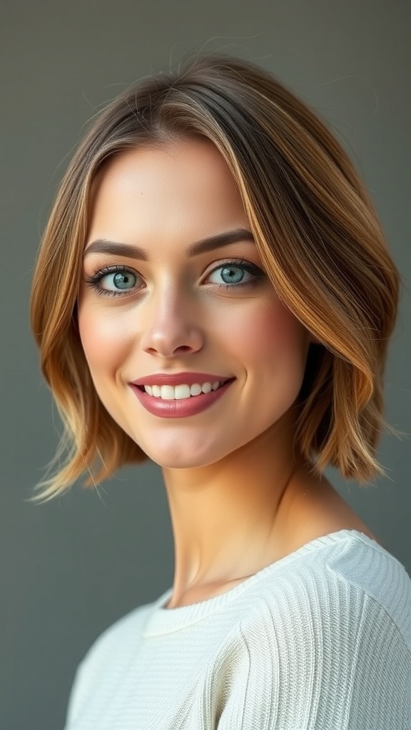 A woman with rounded midlength layered hair, smiling, showcasing a fresh and light hairstyle.
