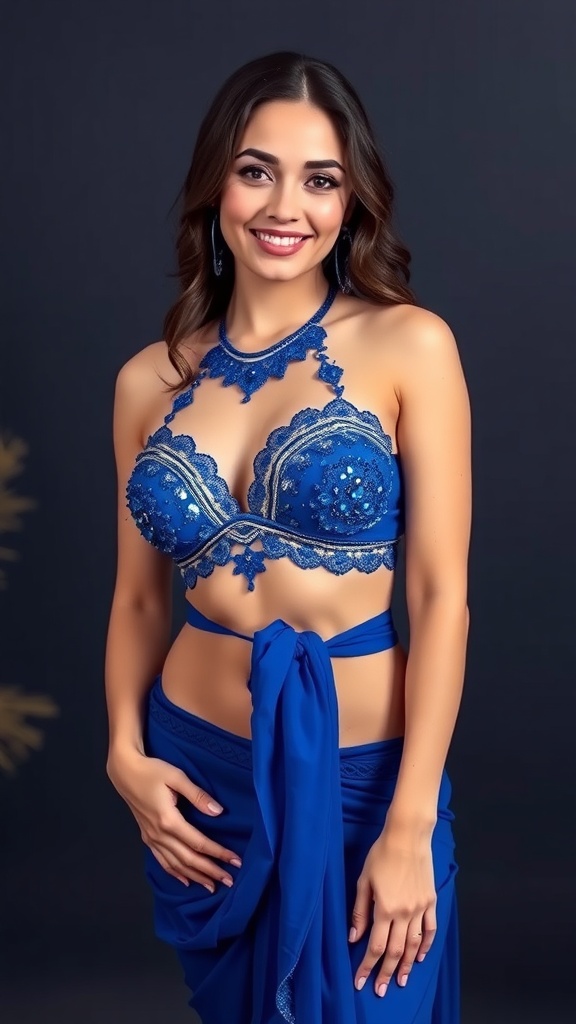 A model wearing a royal blue belly dance outfit with sheer panels and intricate embellishments.