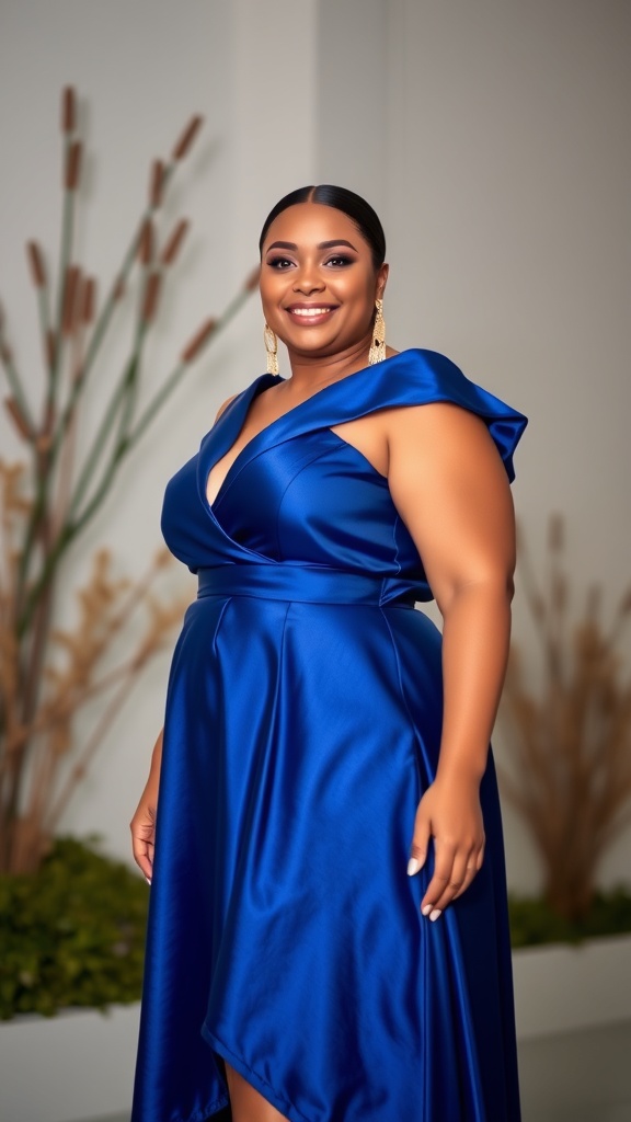 A woman wearing a royal blue off-shoulder high-low dress, smiling confidently.