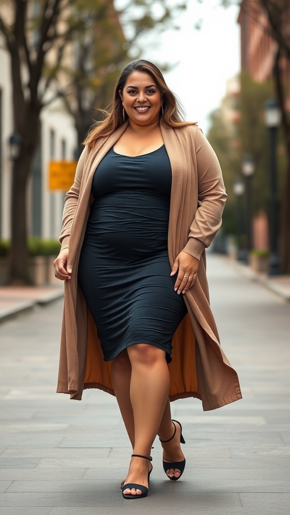 A woman wearing a black ruched midi dress and a beige longline duster walking confidently on a city street.