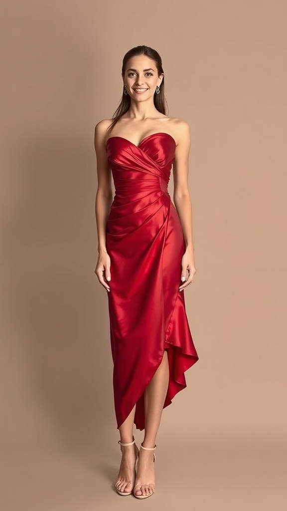 A woman wearing a ruched satin red dress with an asymmetrical hem, smiling confidently.