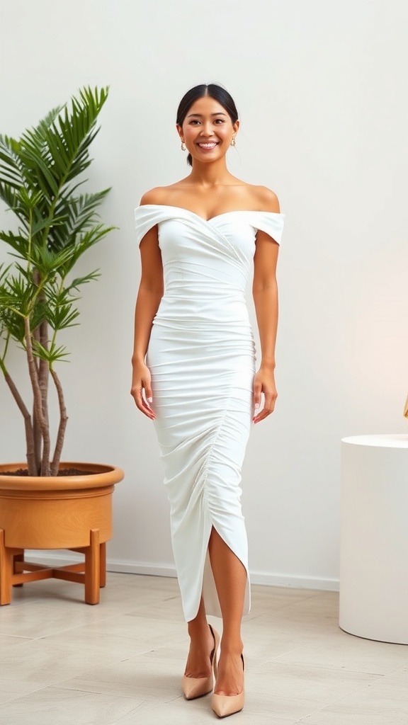 A woman wearing a ruched white dress with off-shoulder sleeves, standing in a bright room with plants.