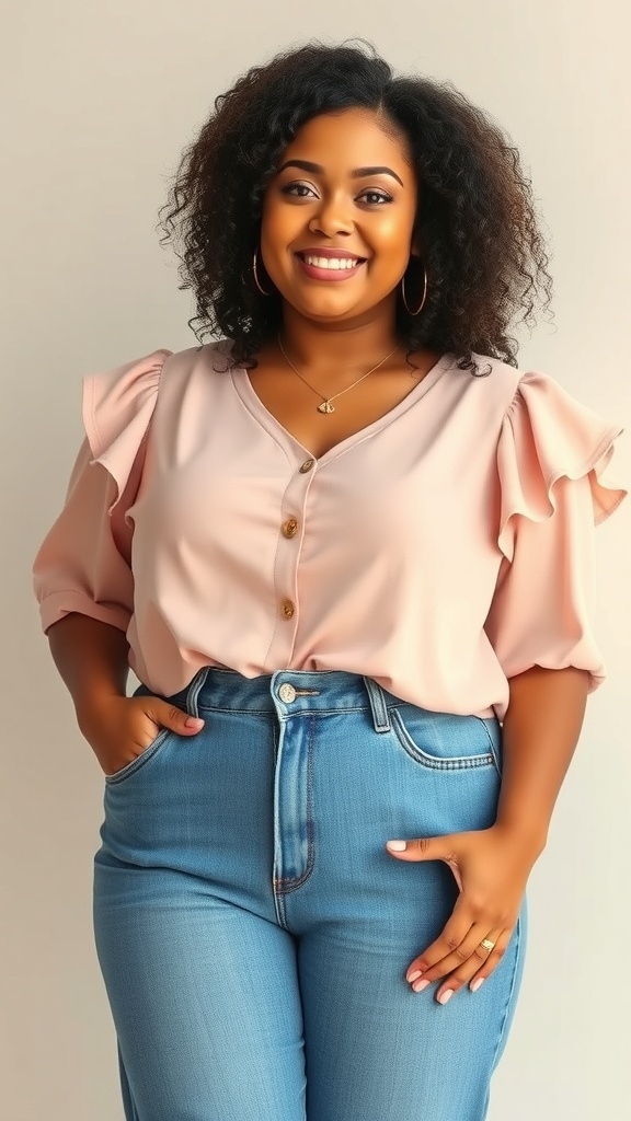 A woman wearing a ruffle sleeve blouse and flared jeans, smiling confidently.