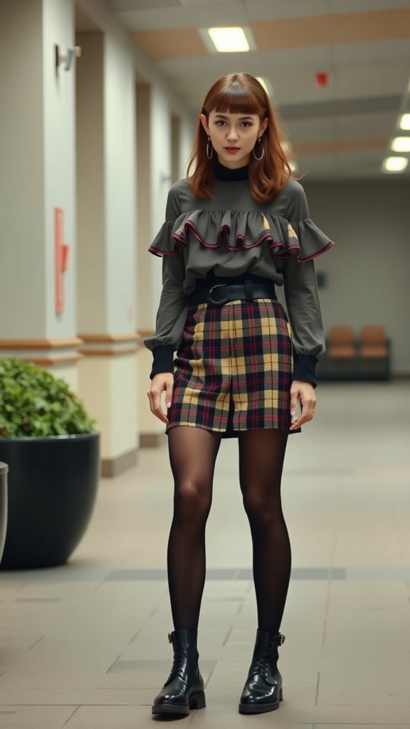 A model wearing a ruffled blouse and plaid mini skirt, showcasing a retro-chic 80s outfit.