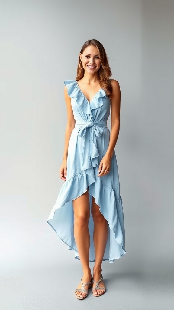 A woman wearing a ruffled blue high-low dress with a tie waist, smiling at the camera.