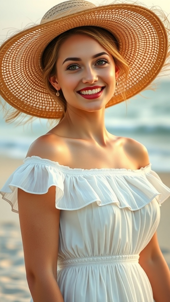 A woman wearing a ruffled off-shoulder dress and a straw hat, smiling at the beach.