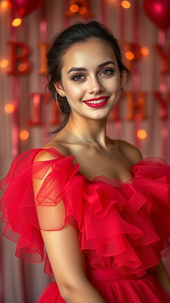 A woman wearing a ruffled red tulle dress with a joyful smile, set against a festive backdrop.