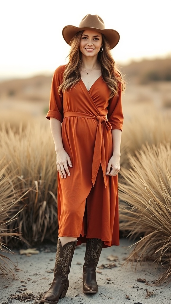 A woman wearing a rust midi wrap dress and cowboy boots, standing in a field with tall grass.