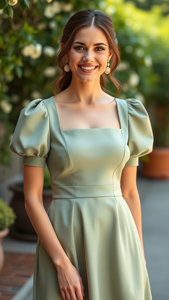 A woman smiling in a sage green dress with puff sleeves, standing in a garden.