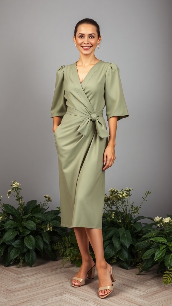 A woman wearing a sage green wrap dress with low block heels, standing among greenery.