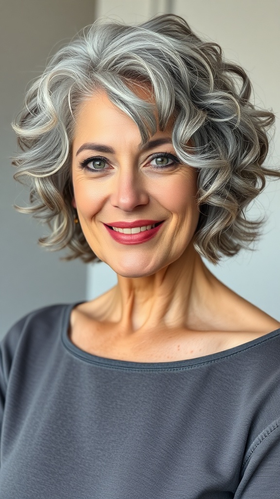 A woman with a salt-and-pepper textured bob hairstyle, showcasing her grey hair in a stylish and flattering way.
