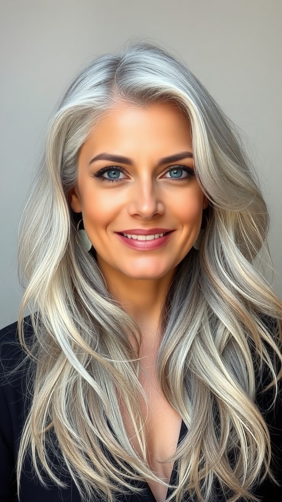 A woman with long gray hair styled with flipped ends, smiling confidently.