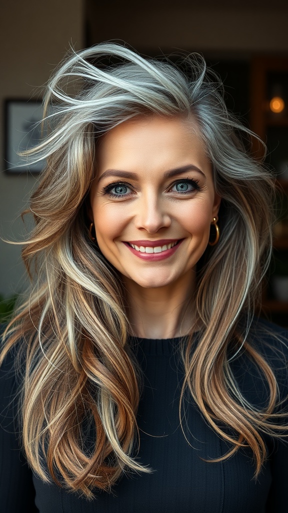 A beautiful older woman with long gray hair styled in soft waves, smiling confidently.