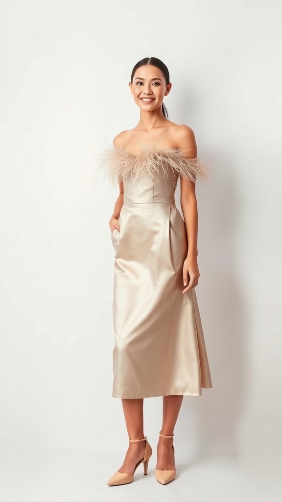 A woman wearing a satin midi skirt with a feather-trim top, smiling and posing.
