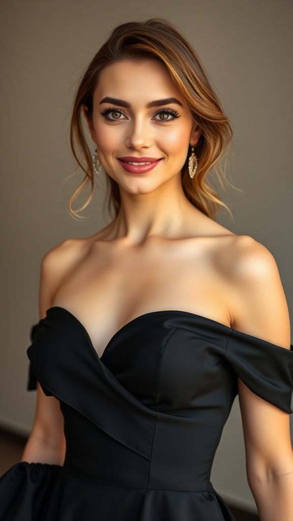 A woman wearing a satin off-shoulder black birthday dress, smiling elegantly.