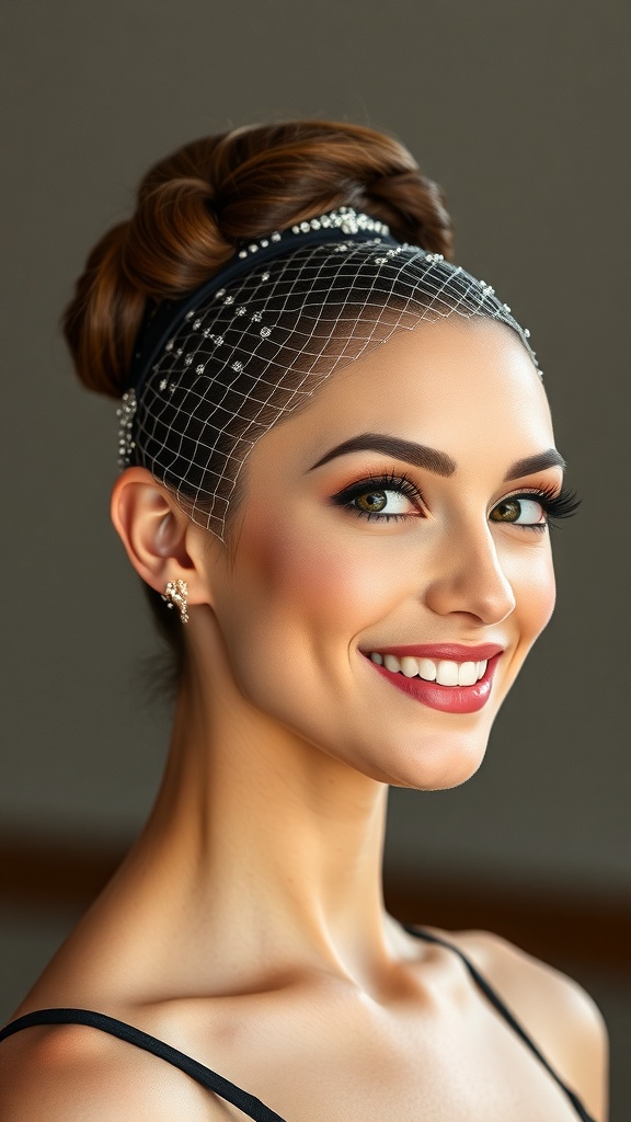 A dancer with sculpted hair styled in a bun, adorned with a rhinestone net, smiling confidently.