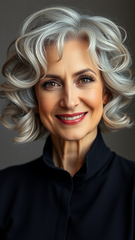 A woman with a sculpted curly bob hairstyle, showcasing soft grey curls.