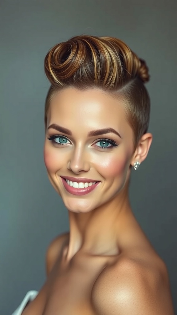 A bride with a sculpted curly faux-hawk updo, showcasing elegant wedding hair.
