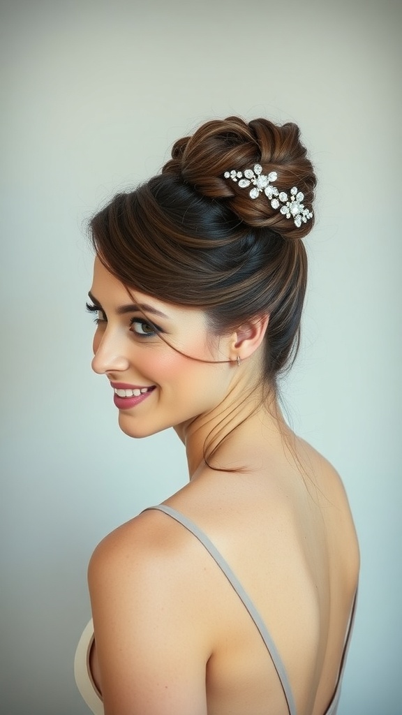 A woman with a sculpted double bun updo adorned with a sparkling hair clip, showcasing a beautiful bridal hairstyle.