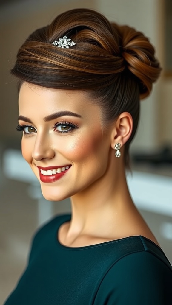 A woman with a sculpted twist updo hairstyle adorned with a jeweled clip, smiling elegantly.