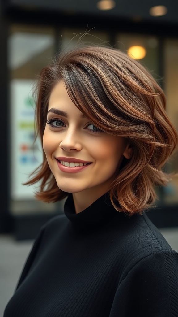 A woman with a semi-curly layered haircut, styled with a blowout finish, smiling outdoors.