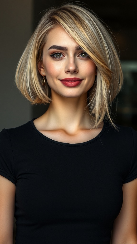 A woman with a shadow root blonde blunt cut bob chin-length hairstyle, wearing a black top and smiling.