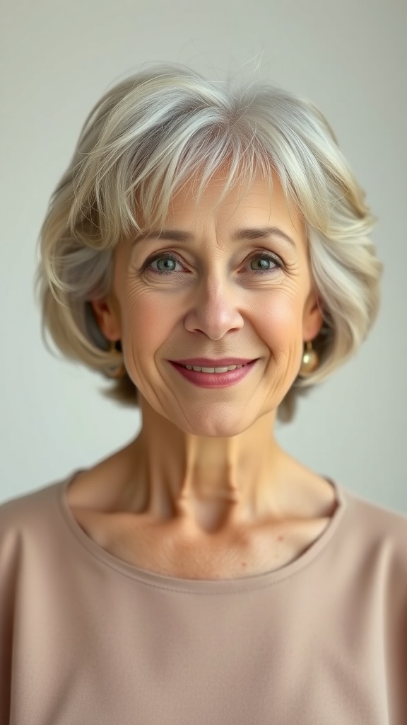 A smiling older woman with shaggy bangs and a soft hairstyle, showcasing a fresh and flattering look.