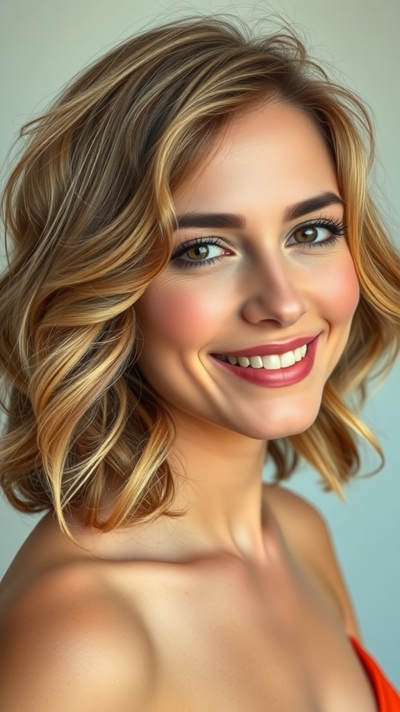 A woman with shaggy, naturally wavy hair styled in layers, smiling at the camera.