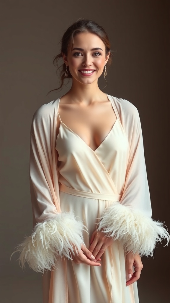 A bride wearing a sheer robe and slip combo with feather cuffs, smiling and looking elegant.