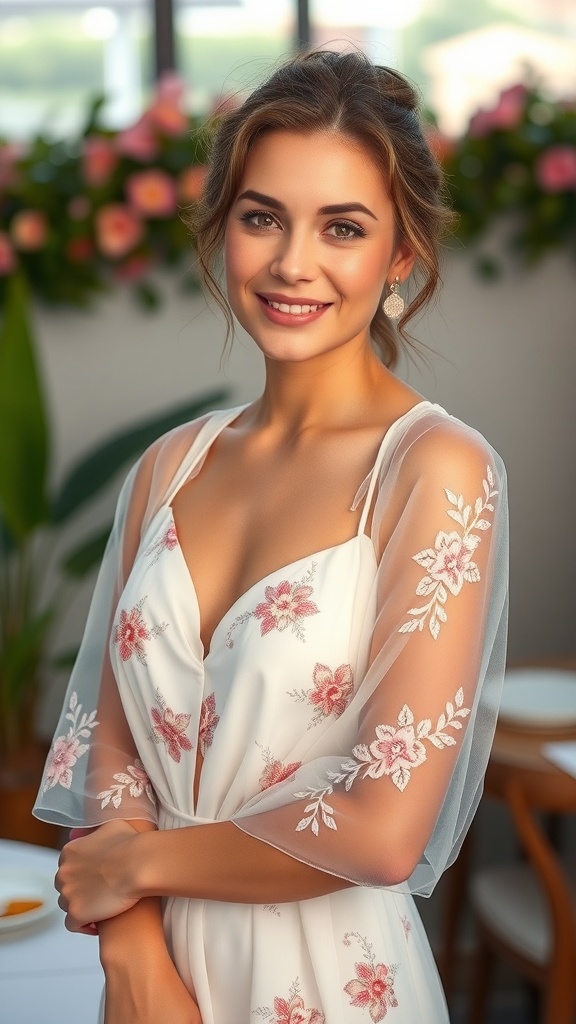 A woman wearing a sheer white dress with embroidered florals, smiling in a floral setting.