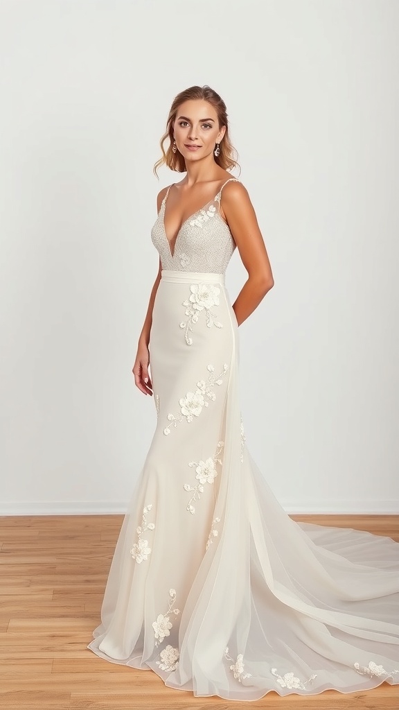 A bride in a sheer white gown with a long train and floral appliqué, exuding romance and elegance.
