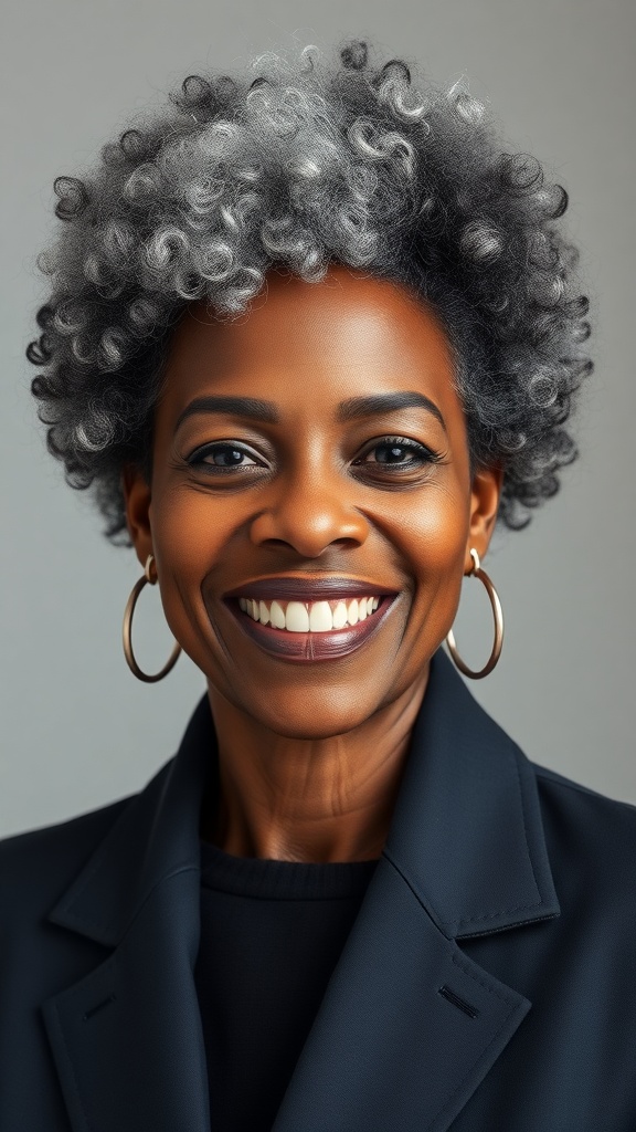 Short afro hairstyle with gray highlighted tips on an older Black woman.